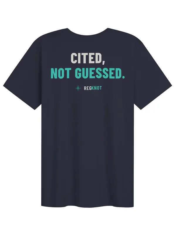Navy T-shirt, back print: “Cited, not guessed.” with the RegKnot logo